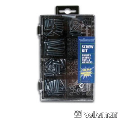 Kit de parafusos, porcas e arruelas Velleman em caixa plástica transparente