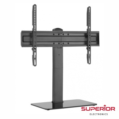 suporte de monitor preto com base de vidro e logotipo Superior Electronics