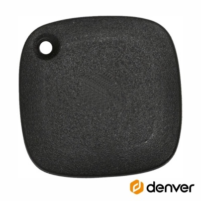 Dispositivo rastreador preto quadrado com orifício num canto e logótipo denver