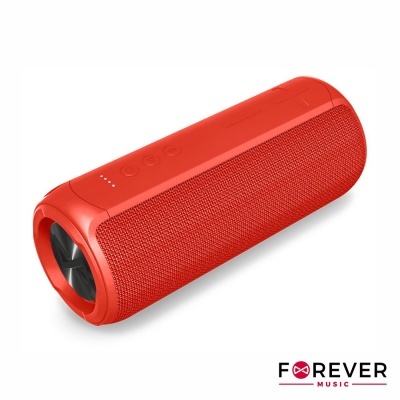 Coluna portátil vermelha com botões no topo e grelha têxtil