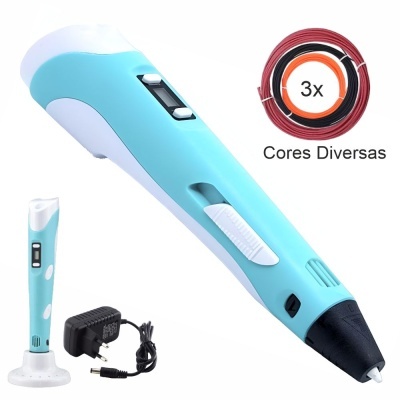 Caneta 3D azul clara e branca com acessórios e carretéis de filamento coloridos