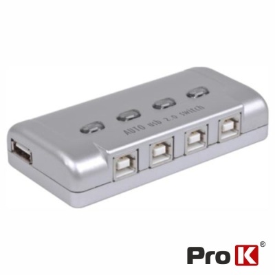 Hub USB prateado com quatro portas tipo B, uma porta tipo A e três botões pretos