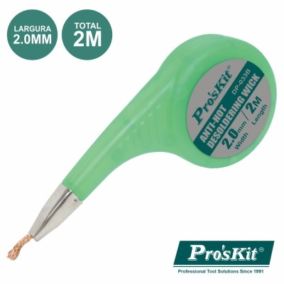 Soldadura desoldagem Pro'sKit verde com ponta metálica e malha de cobre largura 2mm comprimento 2m