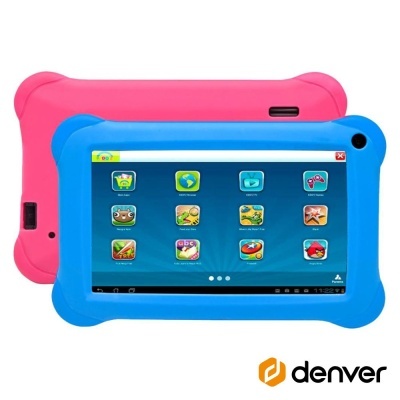 Dois tablets infantis Denver com capas em silicone azul e rosa