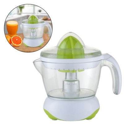 Espremedor elétrico de citrinos branco e verde com jarra transparente e laranja cortada ao lado