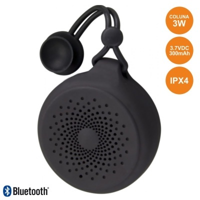 Coluna Bluetooth portátil preta com padrão de furos e pendurador em silicone