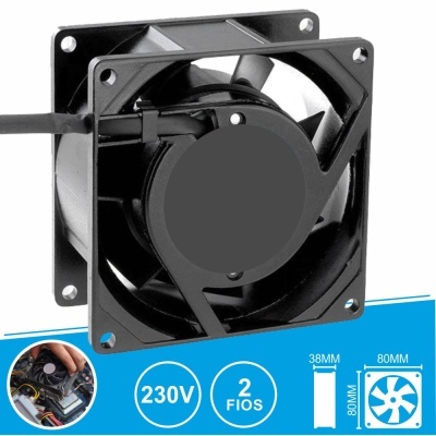 Ventoinha de computador preta quadrada 80mm com cabo de 2 fios e texto 230V 2 FIOS