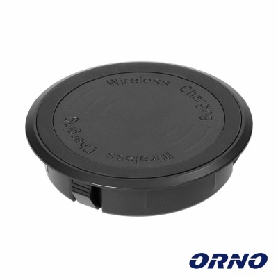 Carregador wireless preto circular com escrita em relevo