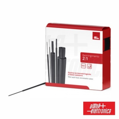 Conjunto de tubos termorretráteis pretos com embalagem ALPHA ELETTRONICA branca e vermelha