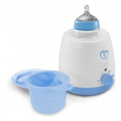 Aquecedor de biberões branco e azul com copo e tampa azuis