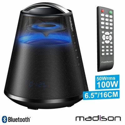 Coluna Bluetooth preta madison com iluminação azul e comando remoto