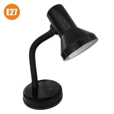 Candeeiro de secretária preto com cúpula em forma de cone e braço flexível