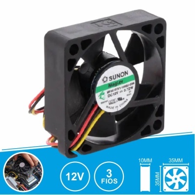 Ventoinha de refrigeração preta quadrada 35x35x10mm com etiqueta central e três fios coloridos