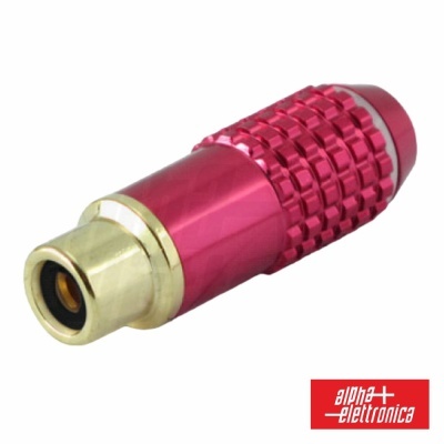 Conector RCA metálico vermelho com ponta dourada e logótipo alfa elettronica