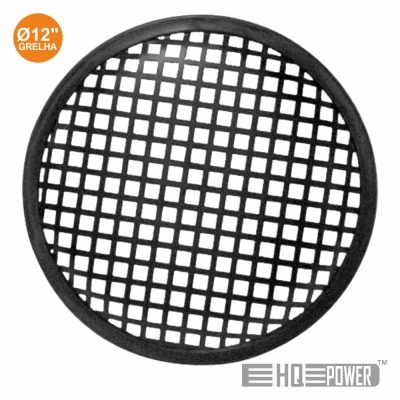 Grelha redonda preta de metal com padrão de quadrados e texto Ø12