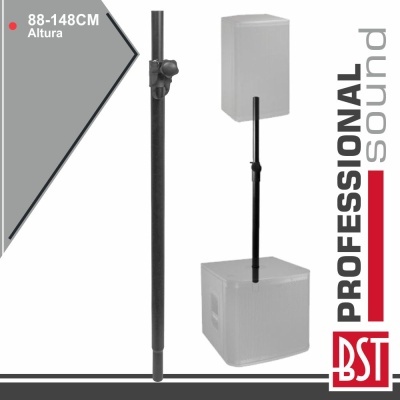 Suporte ajustável preto para colunas de som com colunas brancas em fundo cinza e branco