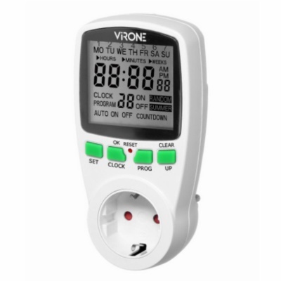 Temporizador digital Virone branco com visor LCD, botões verdes e tomada de corrente elétrica