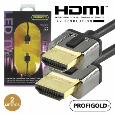 Cabo HDMI Profigold preto com conectores dourados e embalagem preto e roxa
