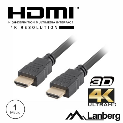 Cabo HDMI preto com conectores dourados e texto promocional em fundo branco