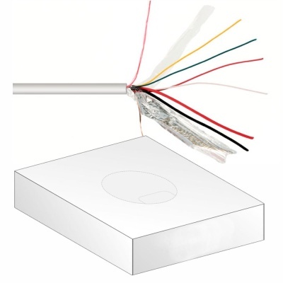 Cabo elétrico com vários fios coloridos e uma caixa branca simples