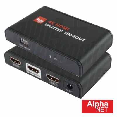 Divisor HDMI 4K preto com conexões HDMI, texto identificativo e indicação de energia, logotipo Alpha NET