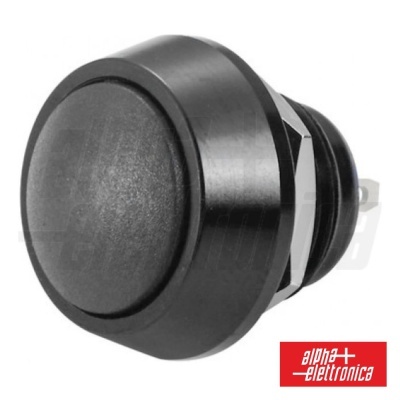 botão preto redondo com base metálica e logótipo Alpha Elettronica