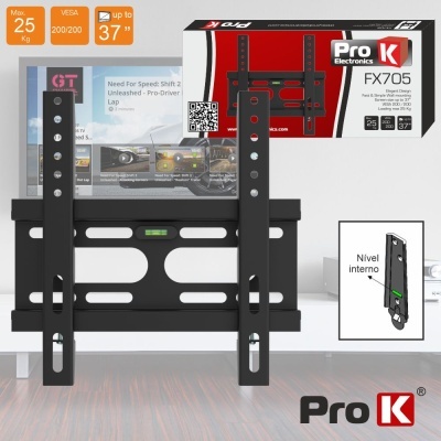 Suporte de parede para TV preto Pro K FX705 com embalagem vermelha e branca