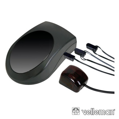 Dispositivo eletrónico preto com cabos e componente castanho da marca Velleman