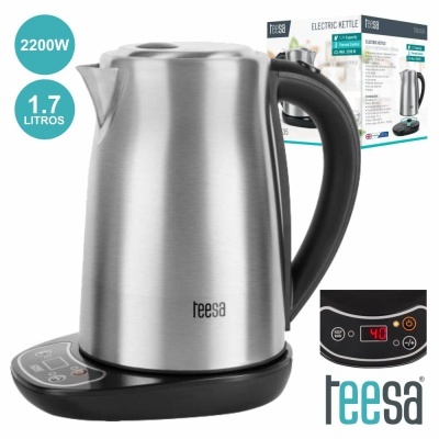 Chaleira elétrica de aço inoxidável Teesa com base preta e visor digital.