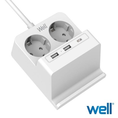 Tomada elétrica branca com duas entradas, duas portas USB e porta USB-C