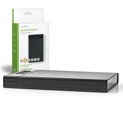 Enclosure preto para disco rígido Nedis com embalagem branca e verde