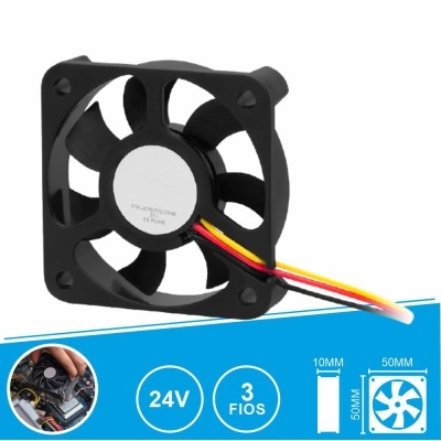 Ventoinha de refrigeração preta com fios coloridos e medidas indicadas