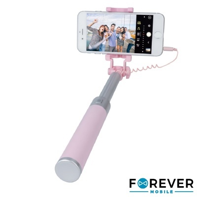 Selfie stick rosa com smartphone e logótipo FOREVER MOBILE