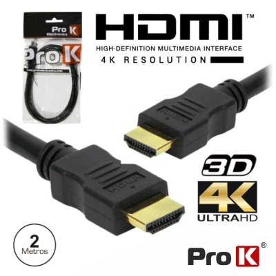 Cabo HDMI preto com conectores dourados e embalagem Pro K