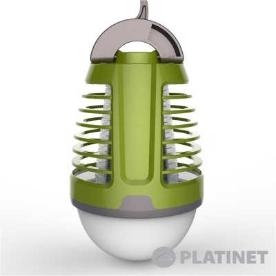 Lâmpada verde com proteção em grelha e base branca, com alça para transporte