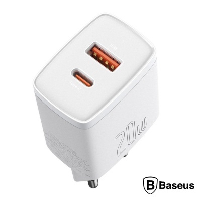 Carregador Baseus branco 20W com USB-A e USB-C