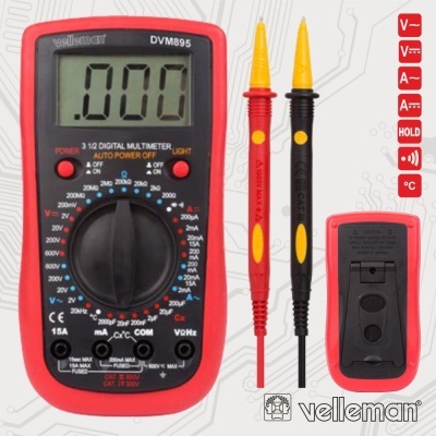 Multímetro digital Velleman DVM895 com cabos de teste amarelos e vermelhos num fundo branco.