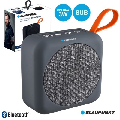 Coluna Bluetooth portátil cinza com grelha de tecido e alça laranja