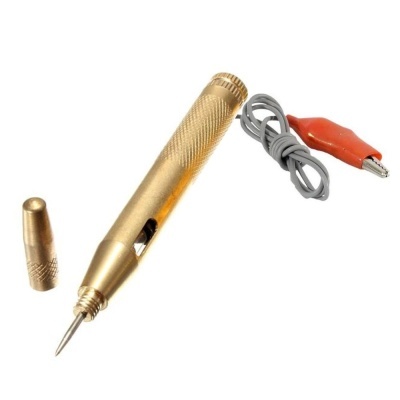 Caneta de teste elétrica dourada com fio e conector crocodilo vermelho