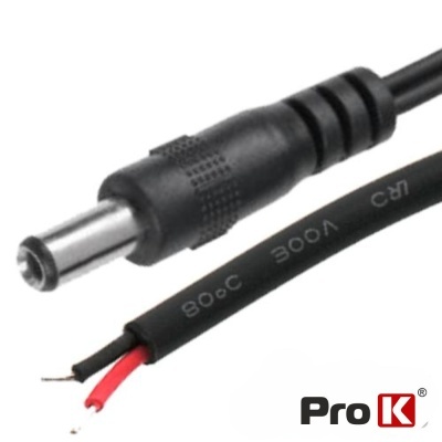 Cabo preto com conector DC e duas pontas desencapadas numa superfície branca