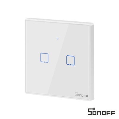 Interruptor de parede táctil Sonoff branco com duas teclas quadradas iluminadas a azul