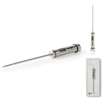 Termómetro digital culinário metálico com visor e embalagem branca