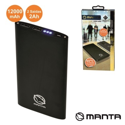 Powerbank preto Manta com 12000 mAh, luzes indicadoras e embalagem original