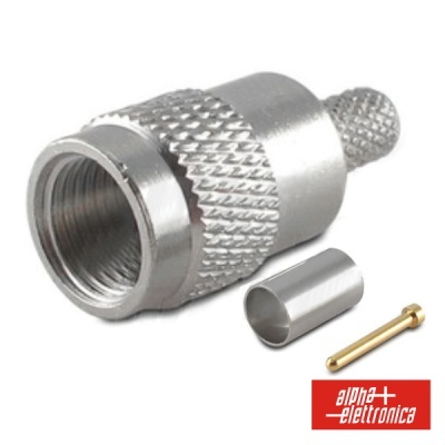 Conjunto de conector metálico prateado com adaptador, tubo e pino ao lado do logótipo Alpha Elettronica