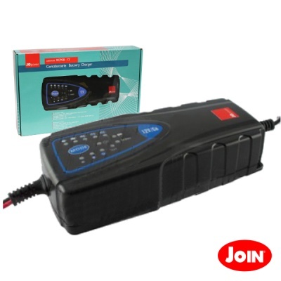 Carregador de baterias automático preto da marca Join com embalagem