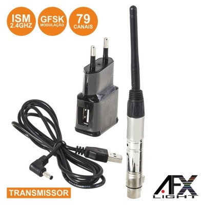 Transmissor com antena e carregador USB preto e prateado com texto informativo