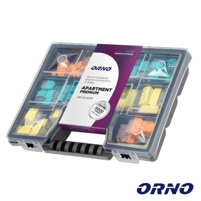 Conjunto de fios eléctricos coloridos numa caixa transparente com etiqueta ORNO