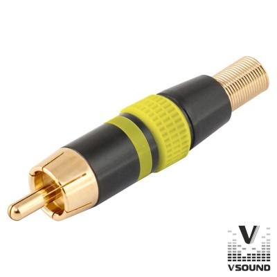 Cabo adaptador RCA dourado com isolamento verde e preto sobre fundo branco