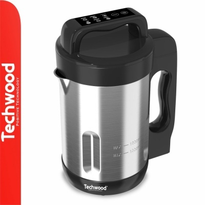 Batedeira elétrica Techwood em aço inoxidável e preto com visor digital e marca visível.