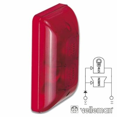 Siren strobe vermelho transparente com esquema eletrónico e logótipo Velleman